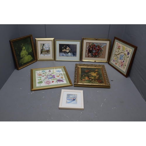 889 - Mixed lot of wall pictures with frames these include mainly flower arrangements and one has a boat o... 