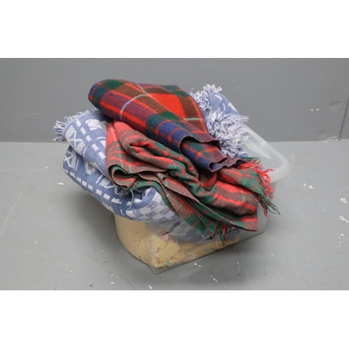 879 - Selection of Bedding to Include Two Woollen Tartan Blankets, Candlewick Bedspread and Nursery Blanke... 