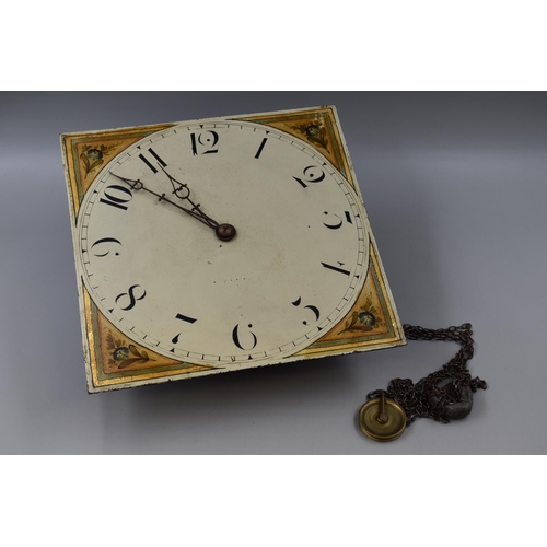 880 - A Vintage Metal Enamelled Grandfather Clock Face, With Movement and Lead Weight. Approx 12