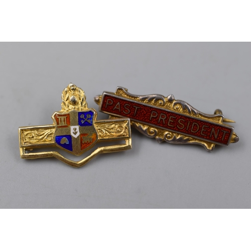 45 - Two Sterling Silver Gold Tone Enamelled Medal Bars, Includes 'Past President' And Crested