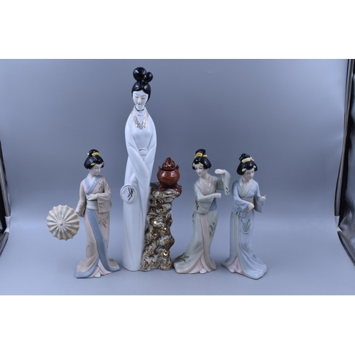 488 - Four Japanese Ceramic Figures To Include Three Geisha Girls (Two Missing Umbrellas), And Girl Next T... 