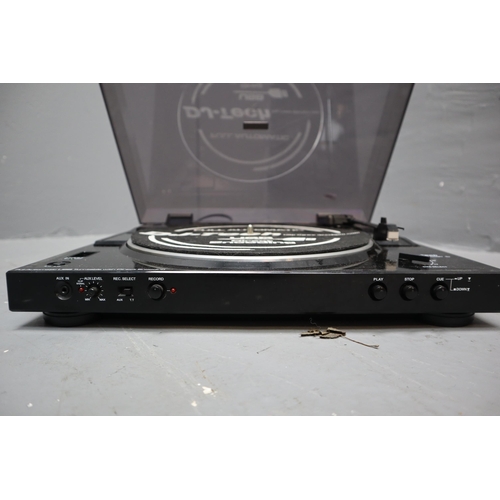 604 - DJ-Tech vinyl encoder belt drive turntable, aux in, aux level, rec select, play stop cue (working wh... 