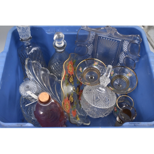 881 - A Selection of Glassware To Include Pink Glass Fish Decanter, Two Pressed Glass Decanters, Crystal B... 