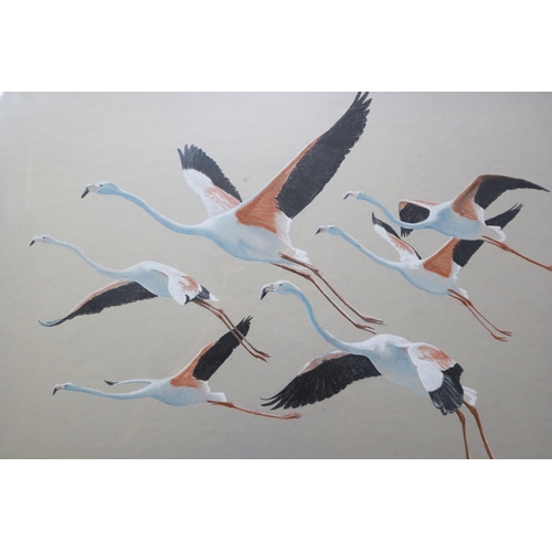 394 - A Framed and Glazed Original Don Mckay '84 Pastel Artwork Depicting Flying Flamingos, Approx 50cm x ... 