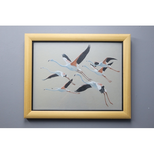 394 - A Framed and Glazed Original Don Mckay '84 Pastel Artwork Depicting Flying Flamingos, Approx 50cm x ... 