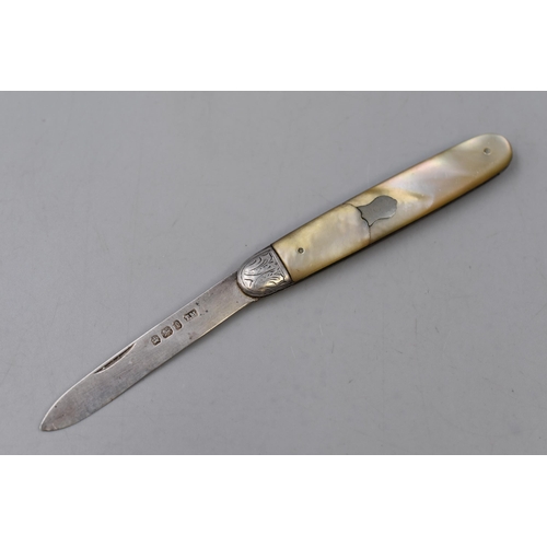 45 - A Hallmarked Thomas Marples Sheffield Silver Fruit Knife With Mother of Pearl Handle, Circa 1897