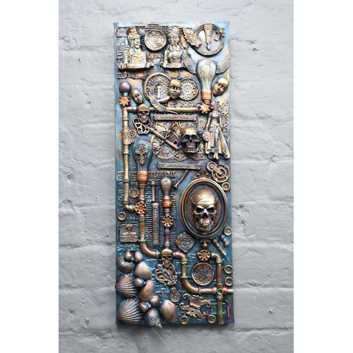 410 - Two Wall Hanging Lustre Effect Steampunk Artworks, Approx 30cm x 50cm, And 64cm x 25cm. Signed By Ar... 