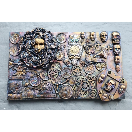 410 - Two Wall Hanging Lustre Effect Steampunk Artworks, Approx 30cm x 50cm, And 64cm x 25cm. Signed By Ar... 