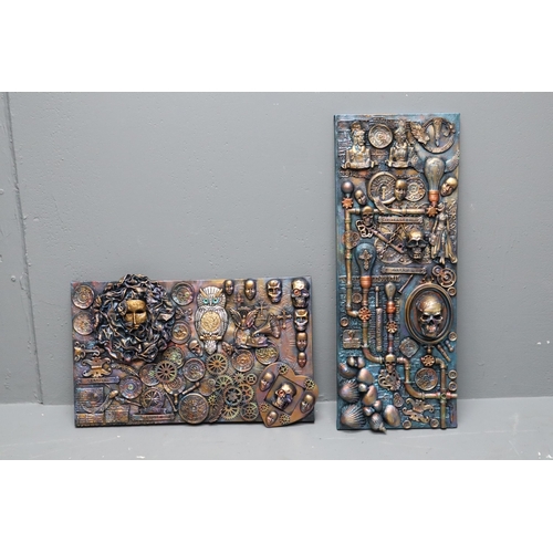 410 - Two Wall Hanging Lustre Effect Steampunk Artworks, Approx 30cm x 50cm, And 64cm x 25cm. Signed By Ar... 