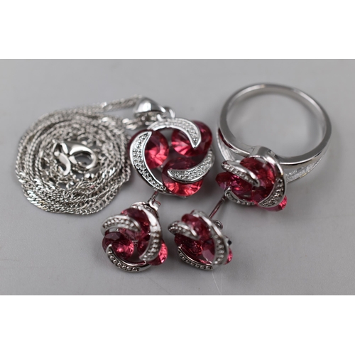 70 - Silver 925 Red Stoned Necklace, Earrings and Ring