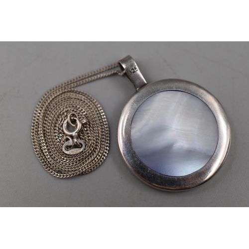 79 - A 925. Silver Mother of Pearl Circular Pendant With 925. Silver Necklace Chain, In Presentation Box