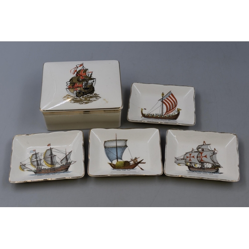 377 - Vintage Sandland Ware Countess Set Comprising of a Trinket Box with four Pin Trays depicting Histori... 