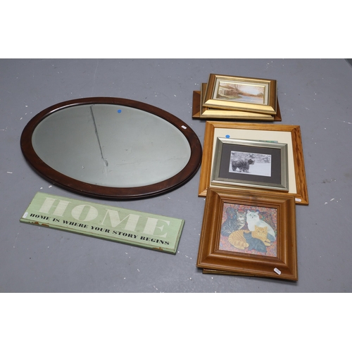 899 - Vintage Oval Bevel edged Wood Framed Mirror, Home Sign and a Selection of 7 Framed and Glazed Pictur... 