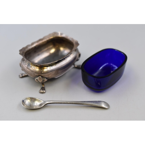 33 - Hallmarked Birmingham Footed Condiment Pot with Cobalt Blue Glass Liner and Spoon