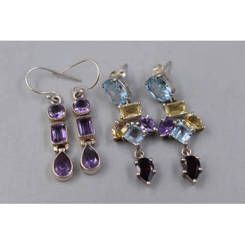 60 - Two Pairs of 925. Silver Drop Earrings To Include Purple Stoned, And Multi-Stoned