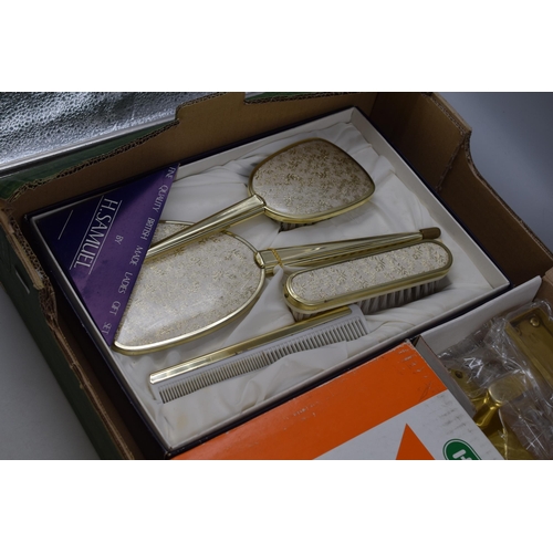 874 - Selection of Brass Door Furniture, Dressing Table Set and a Pair of Speaker Wall Brackets