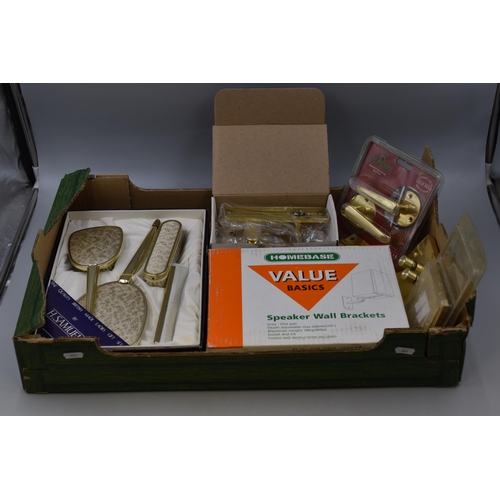 874 - Selection of Brass Door Furniture, Dressing Table Set and a Pair of Speaker Wall Brackets