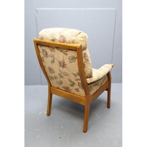 700 - Mid-Century Spring Backed and Seated Oak Framed Floral Velour Armchair, Approx 108cm Tall