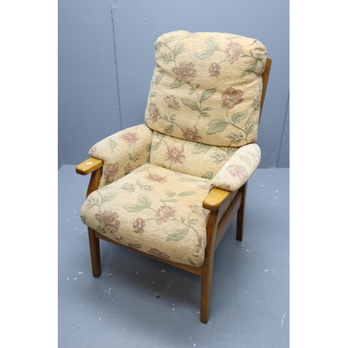 700 - Mid-Century Spring Backed and Seated Oak Framed Floral Velour Armchair, Approx 108cm Tall