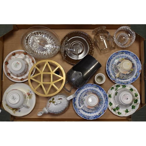 808 - A Mixed Selection To Include Wedgwood Saucers, Brass Teapot Stand, Sugar Scuttle, And More