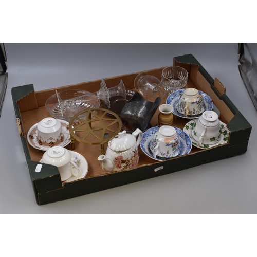 808 - A Mixed Selection To Include Wedgwood Saucers, Brass Teapot Stand, Sugar Scuttle, And More