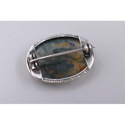 6 - A Silver Moss Agate Stoned Brooch