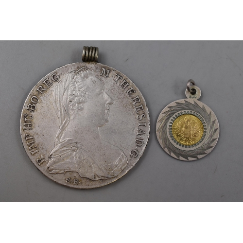 39 - A Silver Austrian Maria Theresia 1780 Thaler Pendant, With .900 Gold Maria Theresia 1 Thaler Token (... 