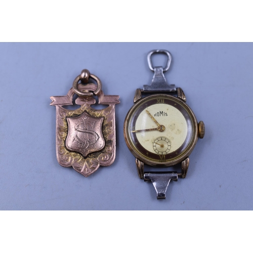 45 - Hallmarked Birmingham 375 (9ct) Gold Fob (5 grams) and a Homis Ladies Watch Head