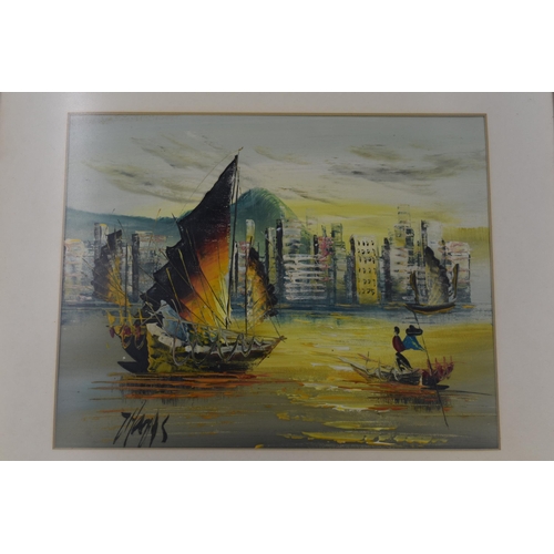 411 - Thomas Mak Kon Yin Original Oil Painting depicting Fishing Junks in Framed and Glazed Mounts (14