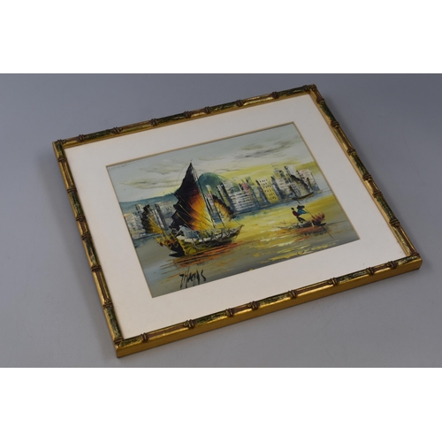 411 - Thomas Mak Kon Yin Original Oil Painting depicting Fishing Junks in Framed and Glazed Mounts (14