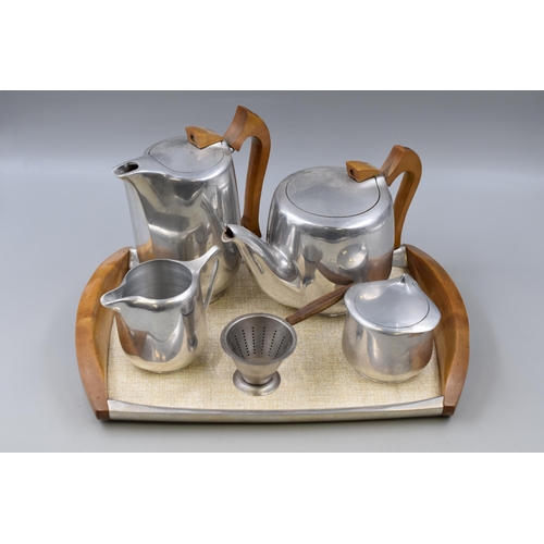 413 - Mid Century Picquot Ware Vintage Tea Set With Teapot, Water/Coffee, Sugar, Creamer & Tray.