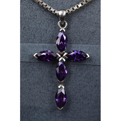 88 - Silver 925 Necklace with Purple Stoned Cross Pendant Complete with Presentation Box