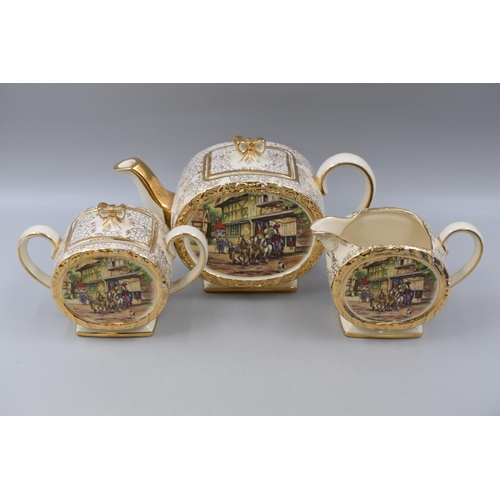 384 - Sadler Three Piece Tea Set with Gold Embellishments and Coach Scence