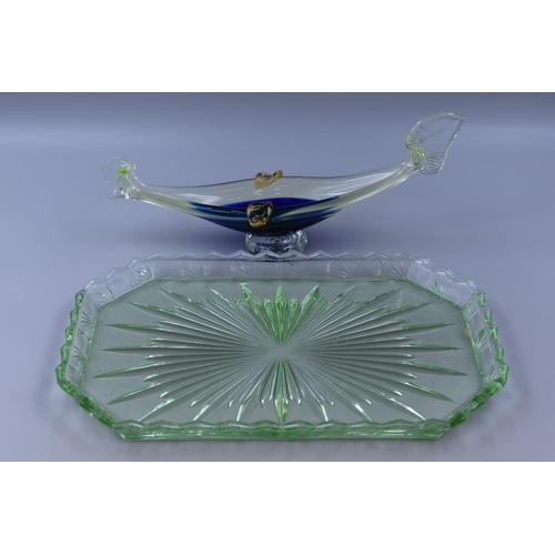 385 - Two Uranium Glass Items to Include Gondola Boat and Tray