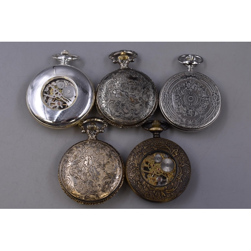 124 - Five Mechanical Pocket Watches (Working) To Include Hunting Scene, Half Hunter, Skeleton, And More