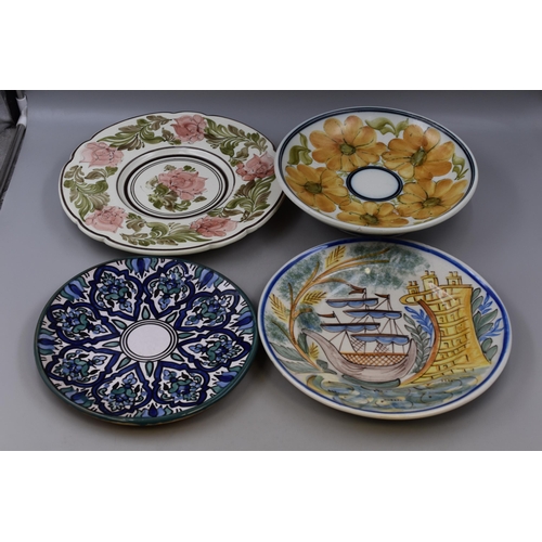 540 - Four Spanish wall plates, one is a pedestal plate and the biggest is (12.5)