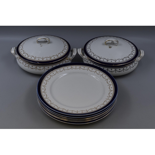 542 - Bleu De Roy and Bleu De Roy style plates and side plates x12 and soup Tureens x2 serving plates... 