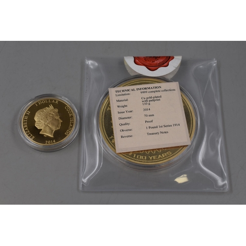 163 - Two Commemorative Coins To Include The One Pound Treasury Note (Approx 7cm Diameter), And Cook Islan... 