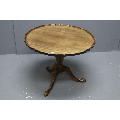 560 - Stunning Walnut Veneer Pie Crust Edged Wine Table sitting on three legs 24