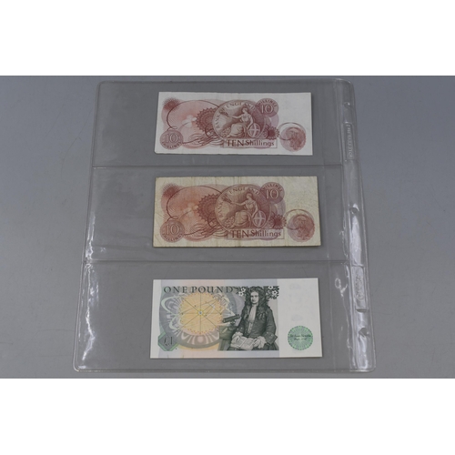 179 - Three UK Banknotes To Include One Pound and Ten Shillings