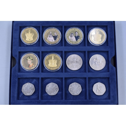 184 - A Selection of Twelve Commemorative Crowns and 50ps In Presentation Box. Includes Royal Commemorativ... 