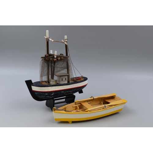 796 - Two Wooden Model Boats To Include Trawler and Rowing Boat. Row Boat is Approx 23cm Long