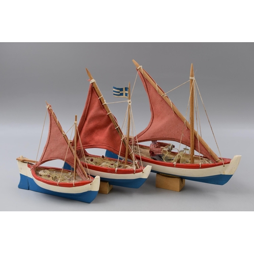 797 - Three Wooden Model Fishing Boats (Two on Stands), Largest Approx 26cm Long