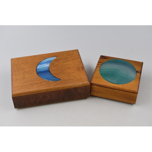 246 - Two Agate Inlaid Wooden Jewellery Boxes (Moon and Other). Largest Approx 12cm x 16cm x 5cm