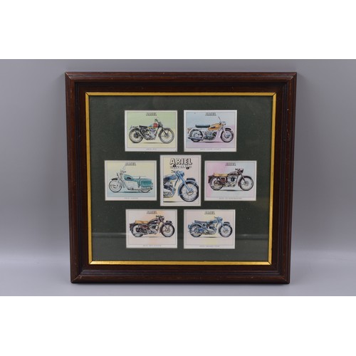 782 - Framed Display of Golden Era Collectors Cards Depicting Ariel Motorbikes approx 13