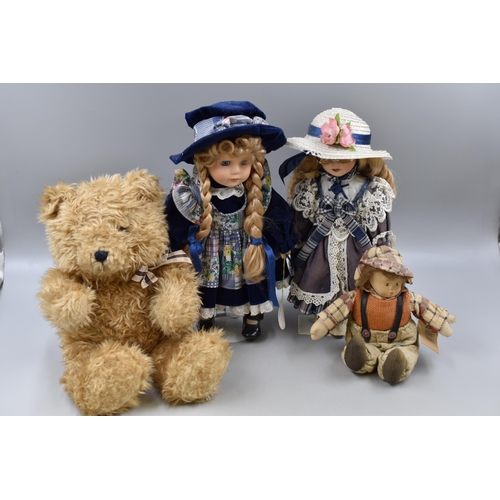 605 - Two Vintage Porcelain Dolls on Stands, With Plush Creations Teddy Bear, And Other Vintage Doll