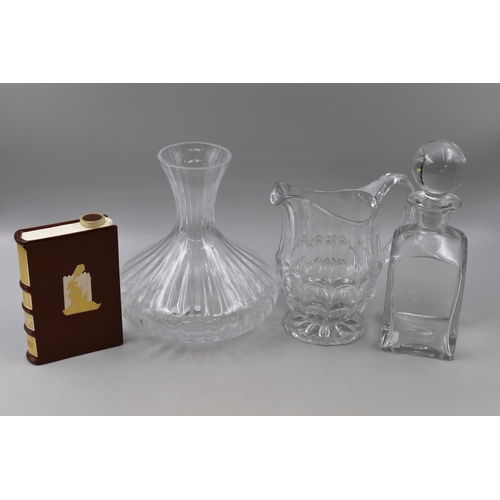 799 - Heavy Quality Glass Decanter with Original Stopper with Jug, Wide Based Vase and Brandy Book Decante... 