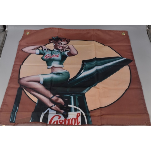 804 - Three Castrol Oil Items To Include 3ft x 2ft Advertising Flag, And Two Patches (20cm x 20cm, And 5cm... 