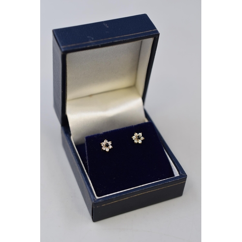 6 - Pair of Gold 9ct Floral Blue and Clear Stoned Earrings Complete with Presentation Box