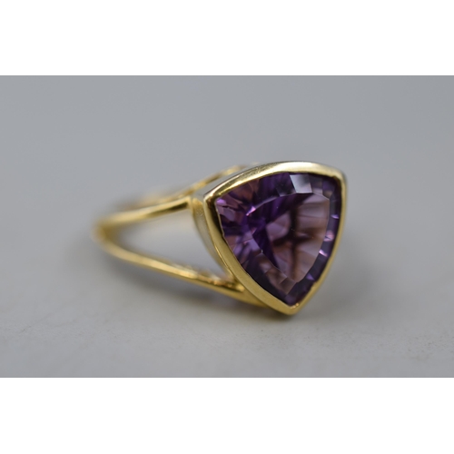 30 - A 925. Silver Large Purple Stoned Gold Tone Ring, Size O/P